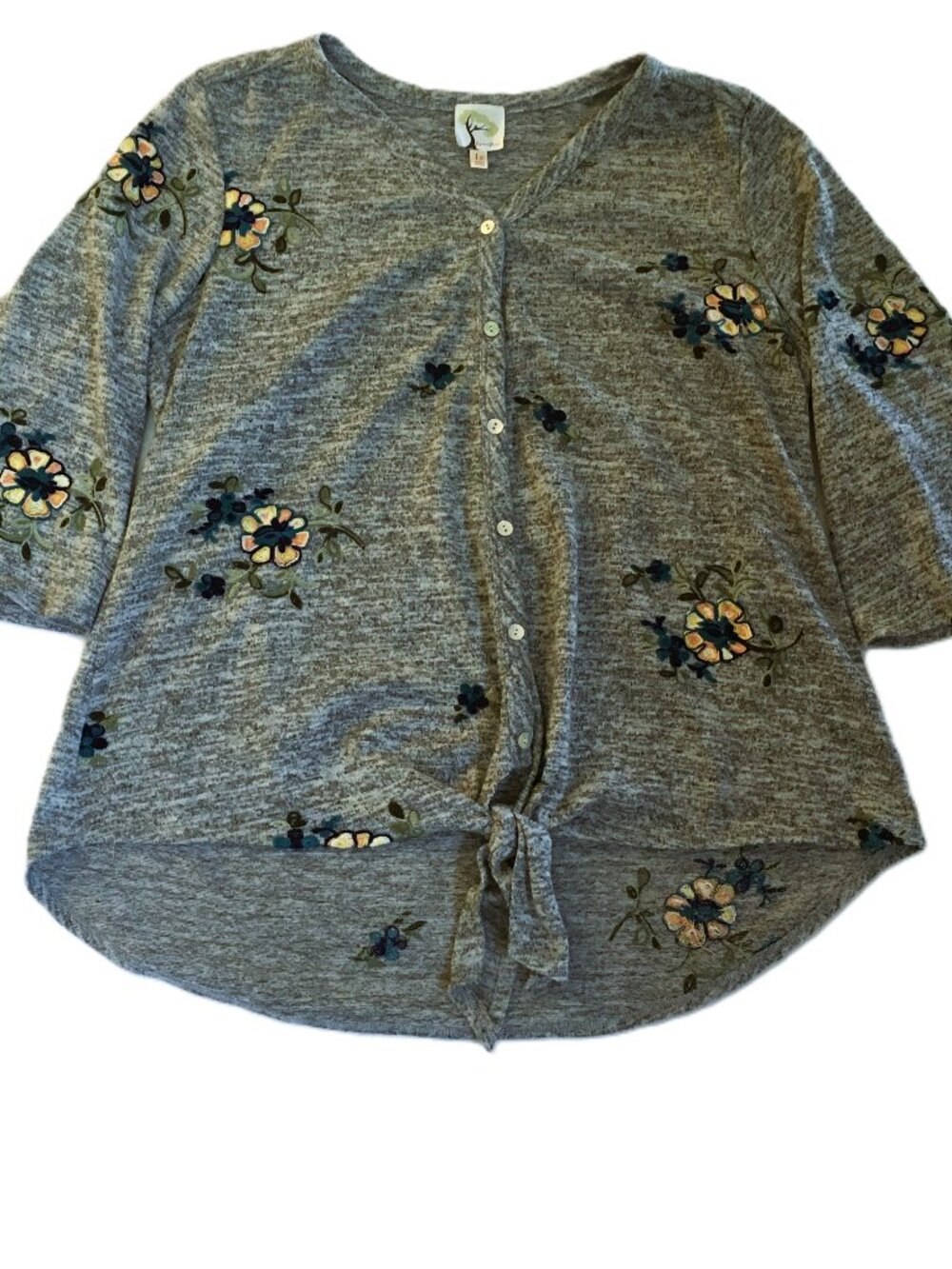 Fig and Flower Sweater Gray Blue Floral Anthropologie Button & Tie Front 1X